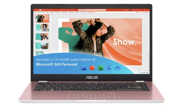 ASUS E410 14in 4GB 128GB Laptop -Pink + Microsoft 365 Bundle