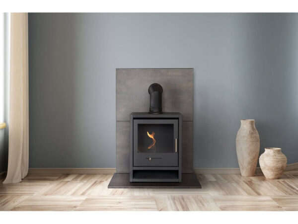 OKO S1 Bio Ethanol Stove in Charcoal Grey with Angled Stove Pipe - Image 3