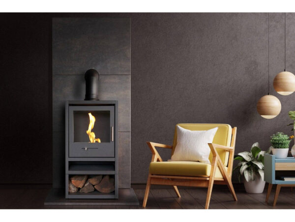 OKO S1 Bio Ethanol Stove with Log Storage in Charcoal Grey & Angled Stove Pipe - Image 4