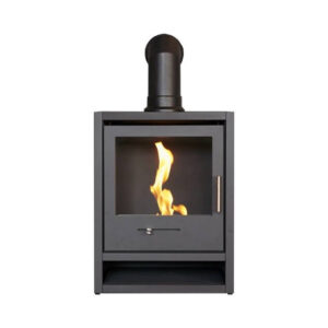 OKO S1 Bio Ethanol Stove in Charcoal Grey with Angled Stove Pipe