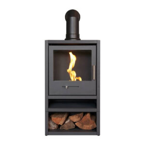 OKO S1 Bio Ethanol Stove with Log Storage in Charcoal Grey & Angled Stove Pipe