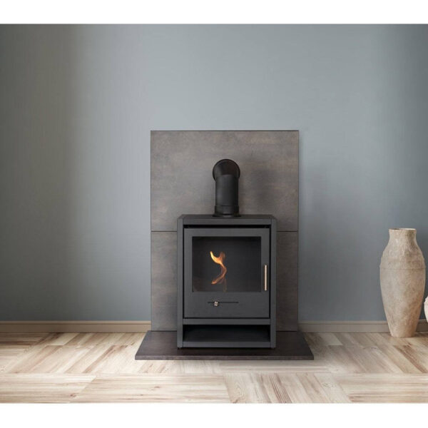 OKO S1 Bio Ethanol Stove with Log Storage in Charcoal Grey & Angled Stove Pipe - Image 3