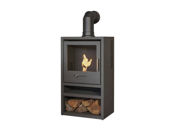 OKO S1 Bio Ethanol Stove with Log Storage in Charcoal Grey & Angled Stove Pipe - Image 2